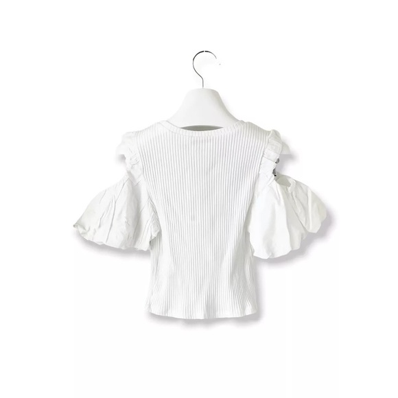 Zara | Cold Shoulder Puff Short Sleeve Crop Top Small White Ribbed - Picture 2 of 5